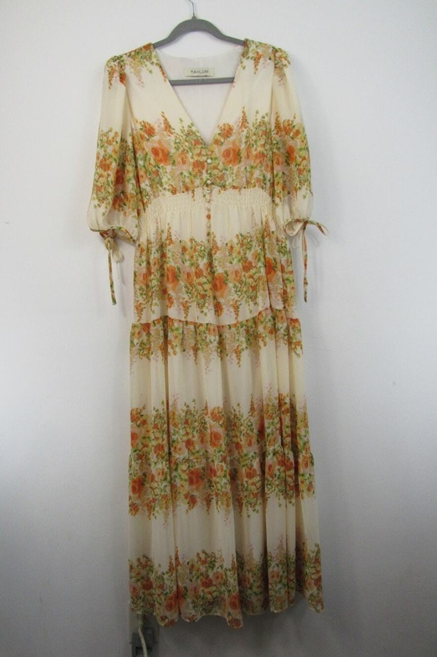 Taylor Size 16 Floral Chiffon A-Line Midi Dress Cream Orange Earthy Plus Size